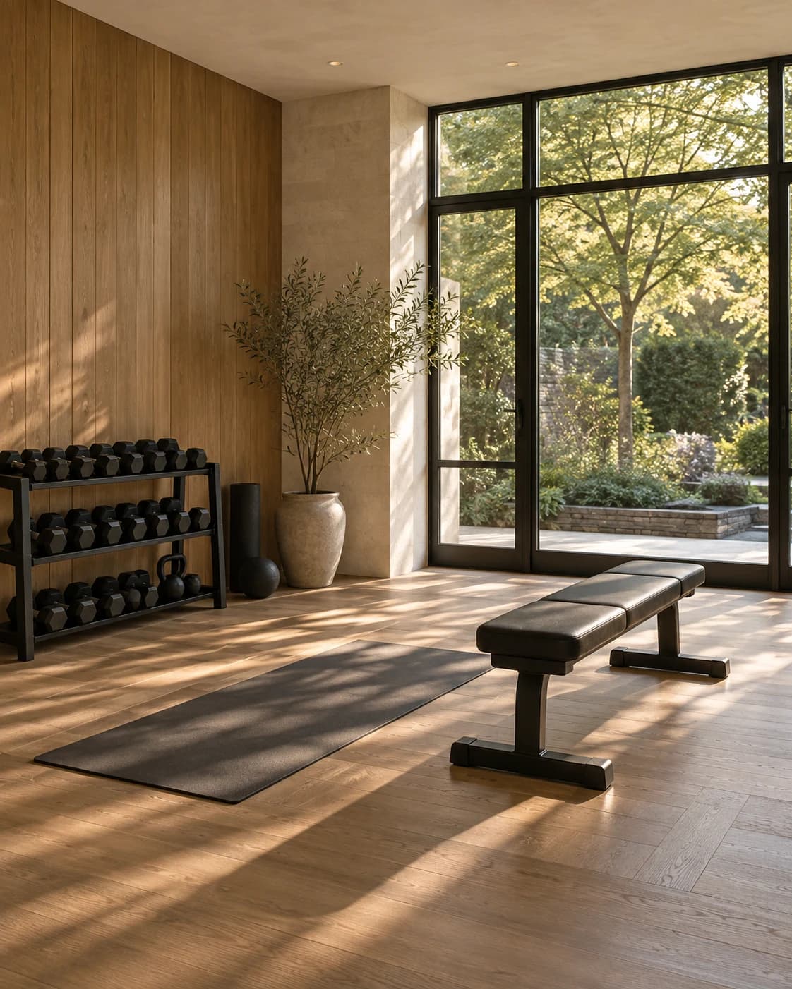 A private home gym with a workout bench, free weights and garden views
